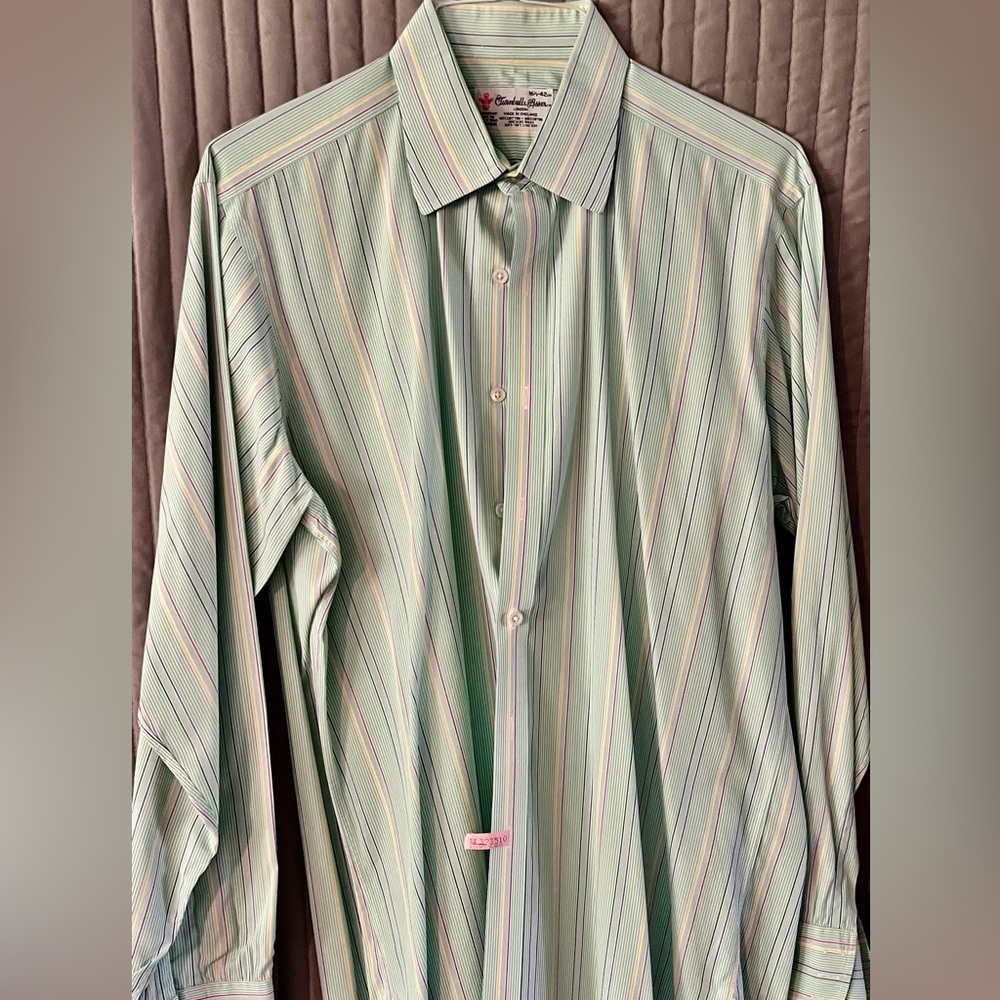 Turnbull & Asser Multicolor Striped Shirt. Green, purple and yellow stripe.